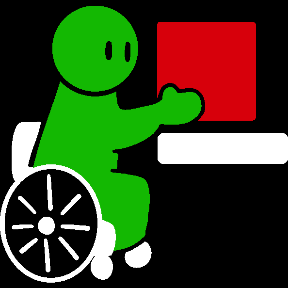 A green figure in a wheelchair placing a red square on a gray shelf.